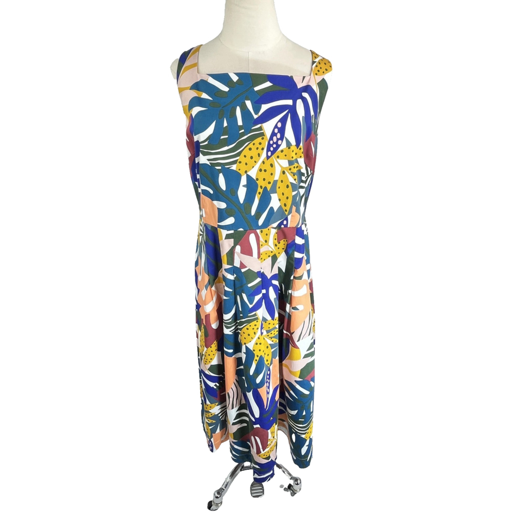 Boden Dress Womens 12 Multicolor Tropical Leaf Print Sleeveless Fit Flare Resort - Picture 2 of 16